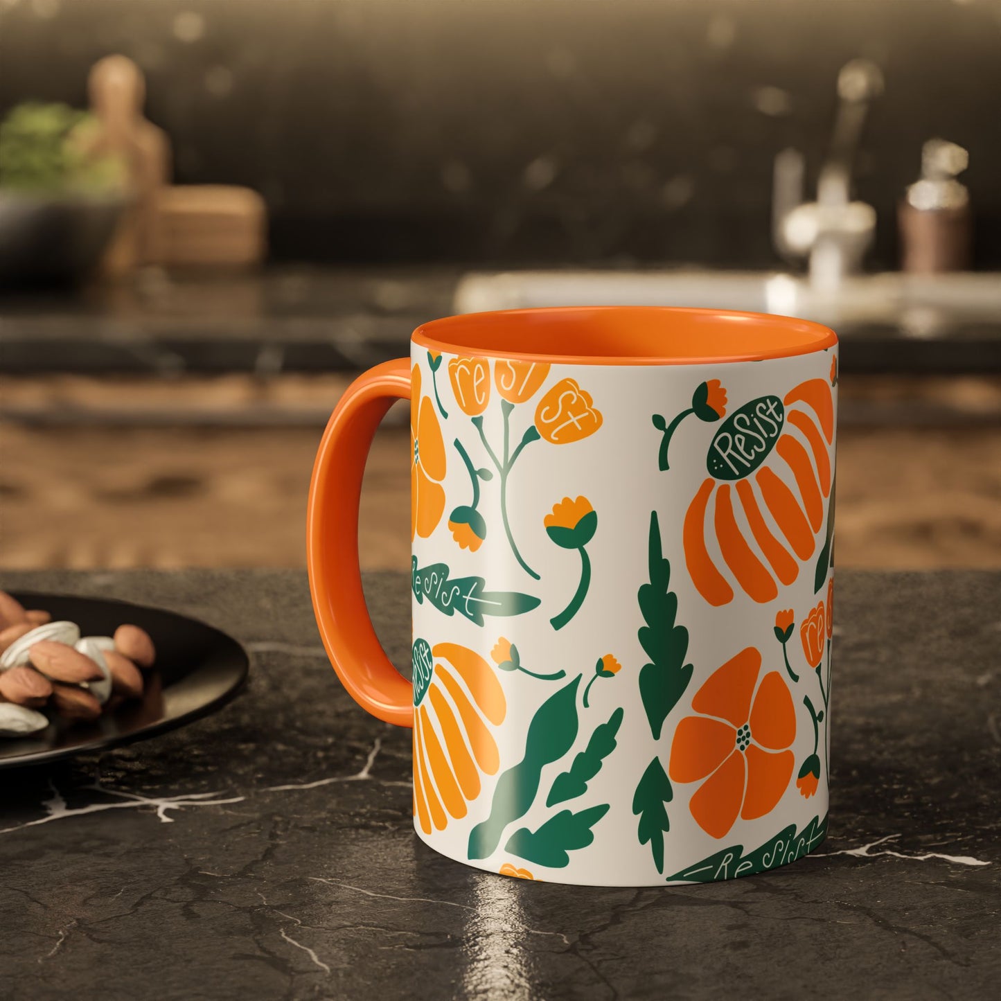 Resist Floral Ceramic Mug — Orange & Teal 11oz/15oz