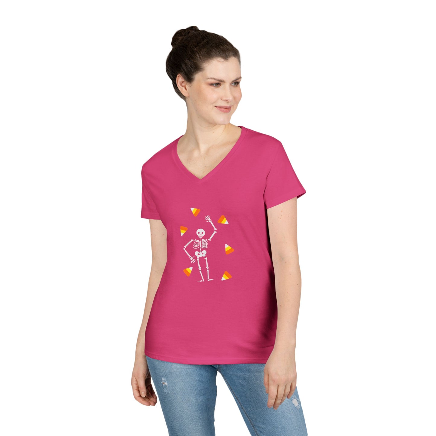 Skeleton & Candy Corn V-Neck Tee Cute Halloween T-Shirt