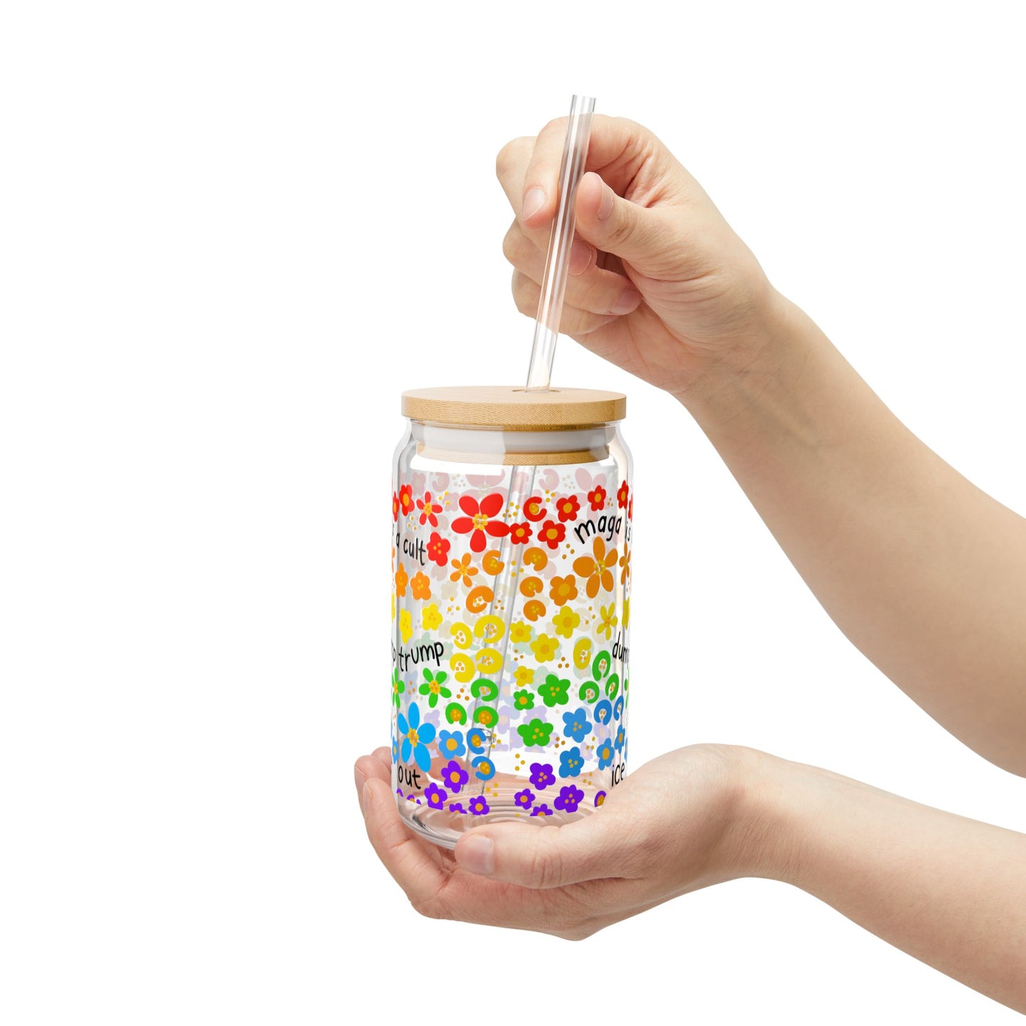 Slightly Subtle Rainbow Daisy Pattern Sipper Glass Can