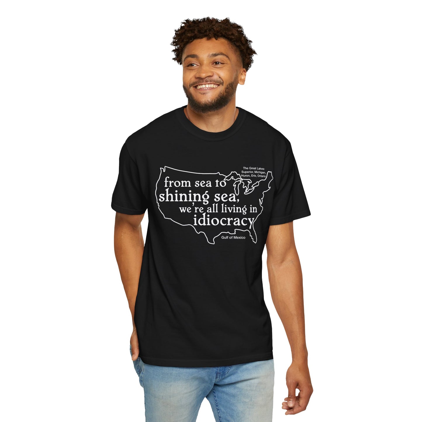 Idiocracy Map T-Shirt  'From sea to shining sea we are living in idiocracy' Minimal Political Tee Great Lakes Gulf of Mexico