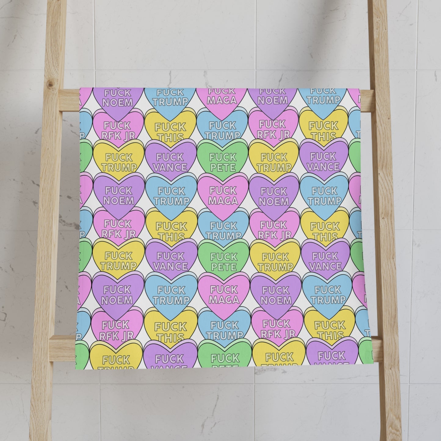 Slightly Subtle Conversation Heart Pattern Hand Towel | Pastel Candy Hearts with Messages