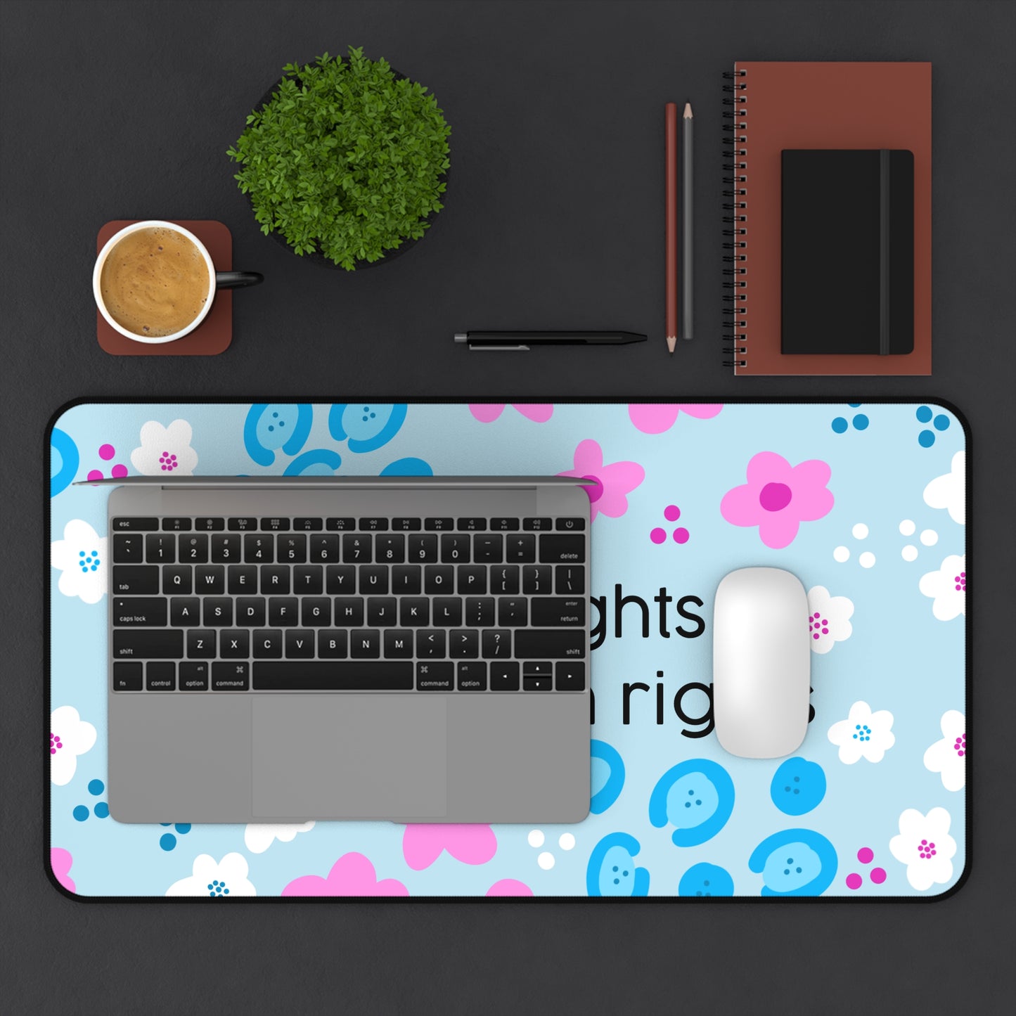 trans rights are human rights Desk Mat | Floral Blue Pink Affirmation pet mat