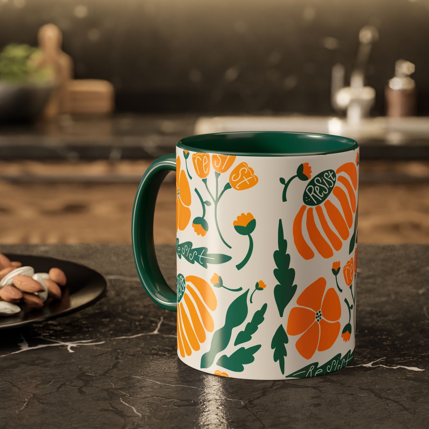 Resist Floral Ceramic Mug — Orange & Teal 11oz/15oz