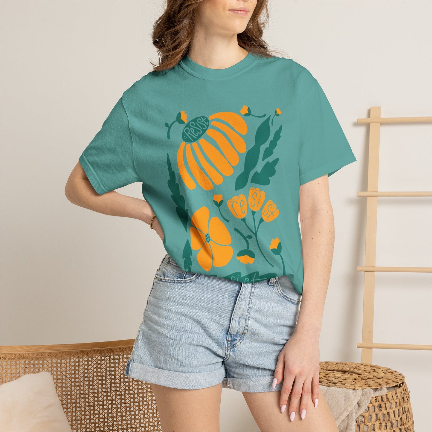 Floral Resist Tee — Retro Orange & Green Autumn Graphic T-Shirt