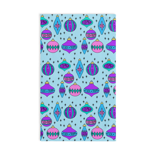Slightly Subtle Ornaments Blue Holiday Hand Towel, Decorative Kitchen Towel Festive Bathroom Decor, Pastel Christmas Gift Vibrant Dish Towel