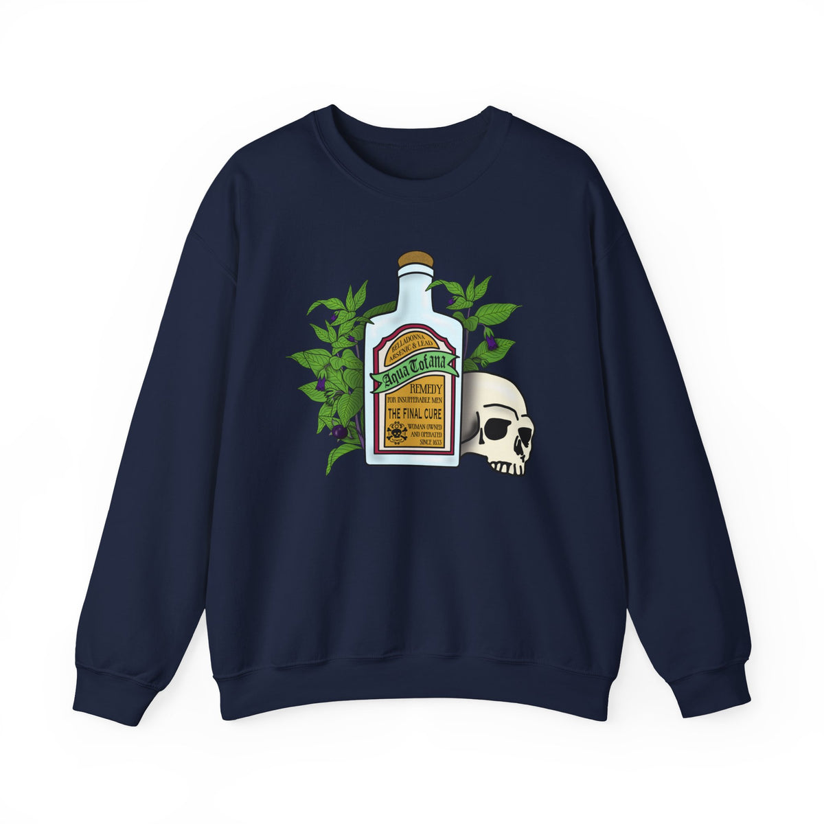 Crewneck Sweatshirt Aqua Tofana Apothecary Bottle & Skull Graphic