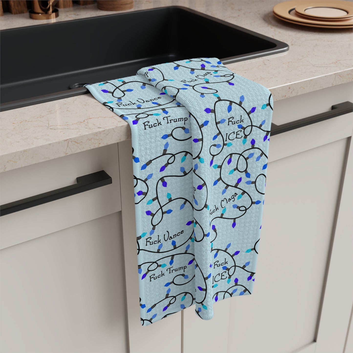 Blue Holiday Lights Microfiber Tea Towel FDT Blue String Light Kitchen Towel