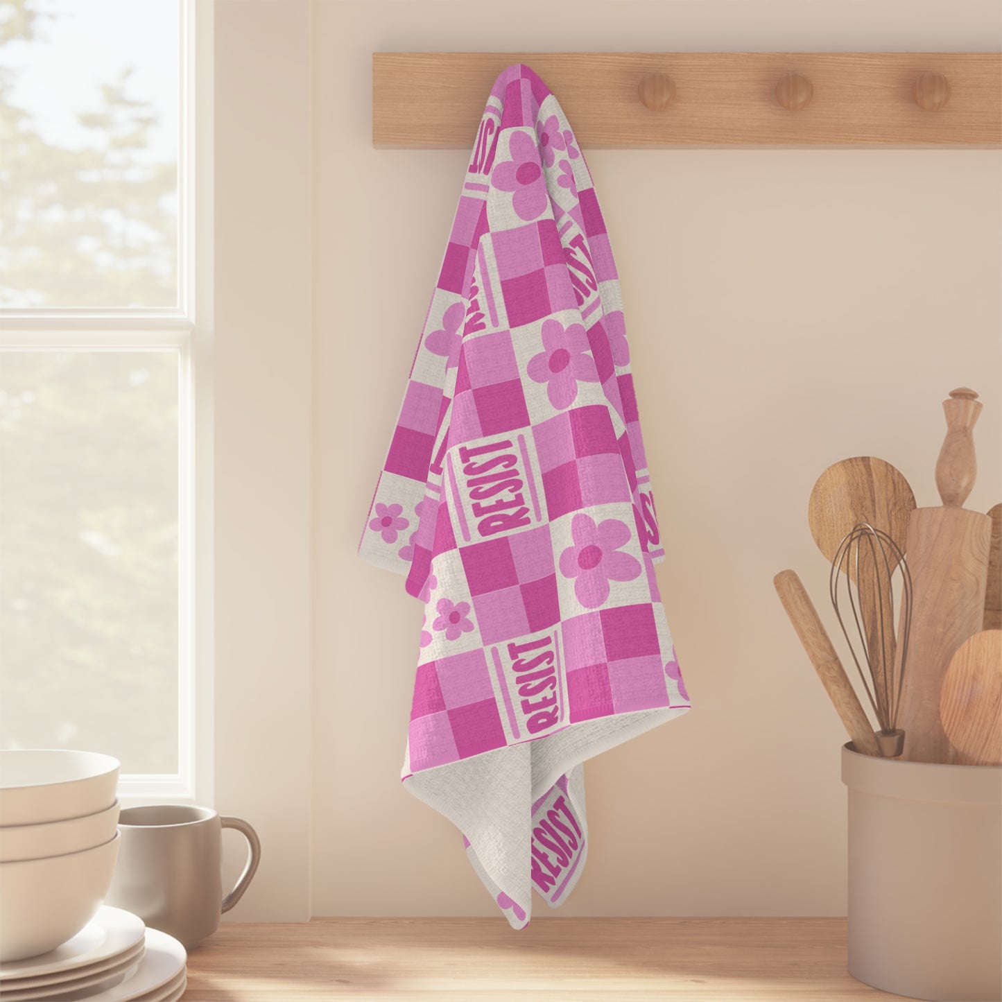Resist Pink Checkerboard Tea Towel — Floral Microfiber Kitchen Towel