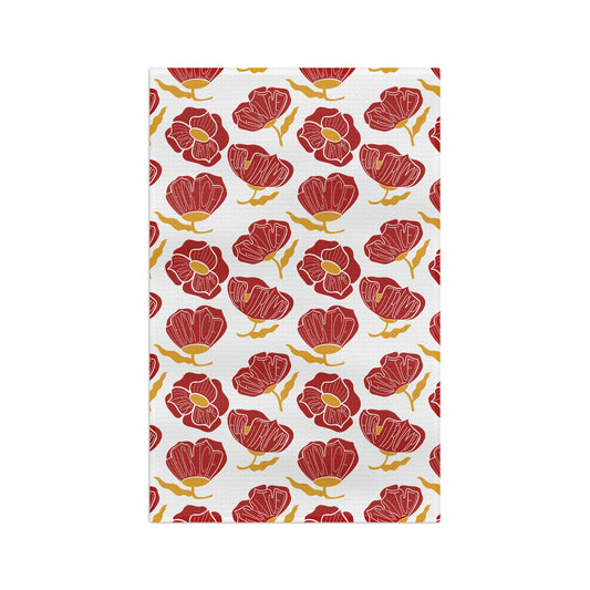 Slightly Subtle Red Poppy Pattern Microfiber Tea Towel | Floral Kitchen Linen