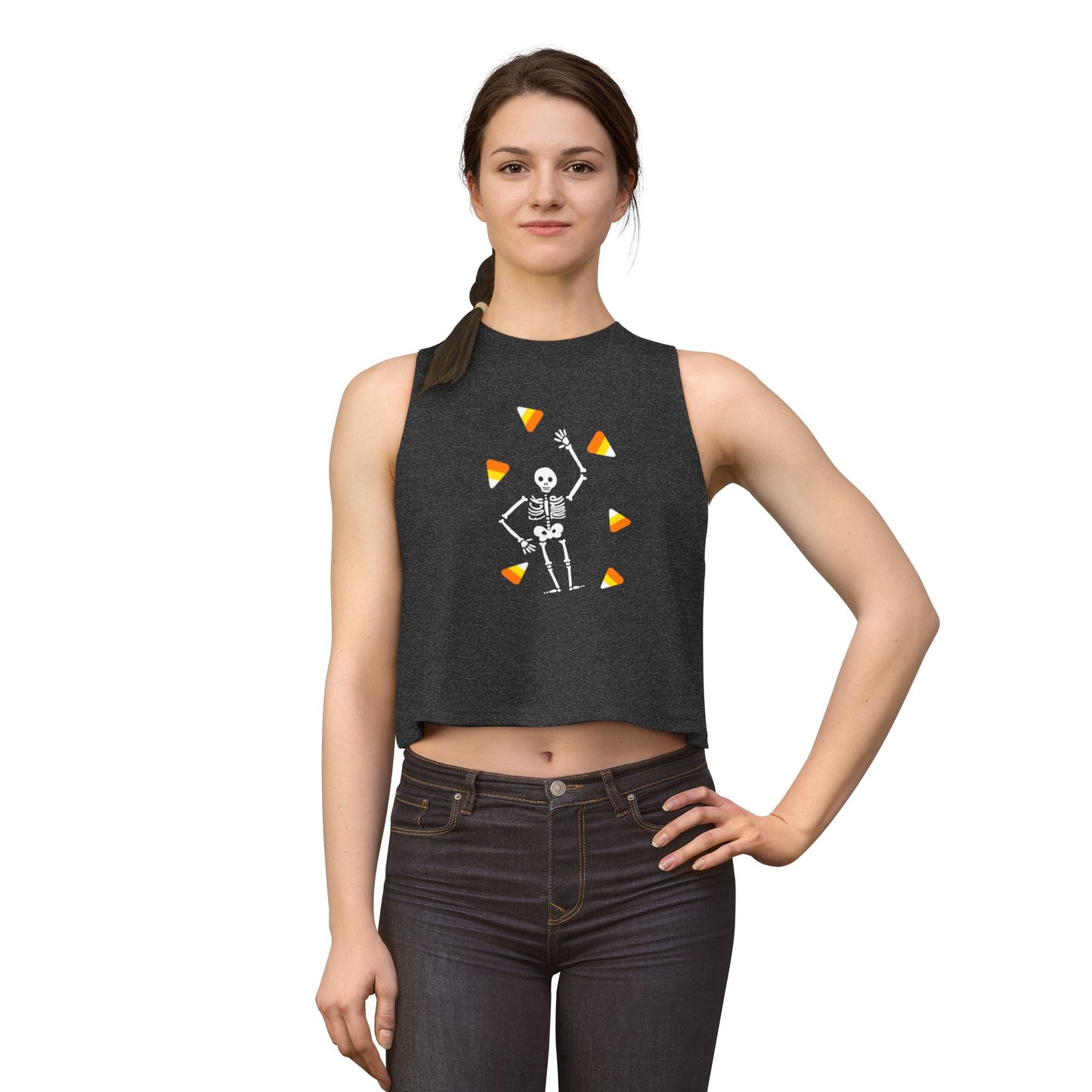 Halloween Candy Corn Skeleton Crop Top Tank