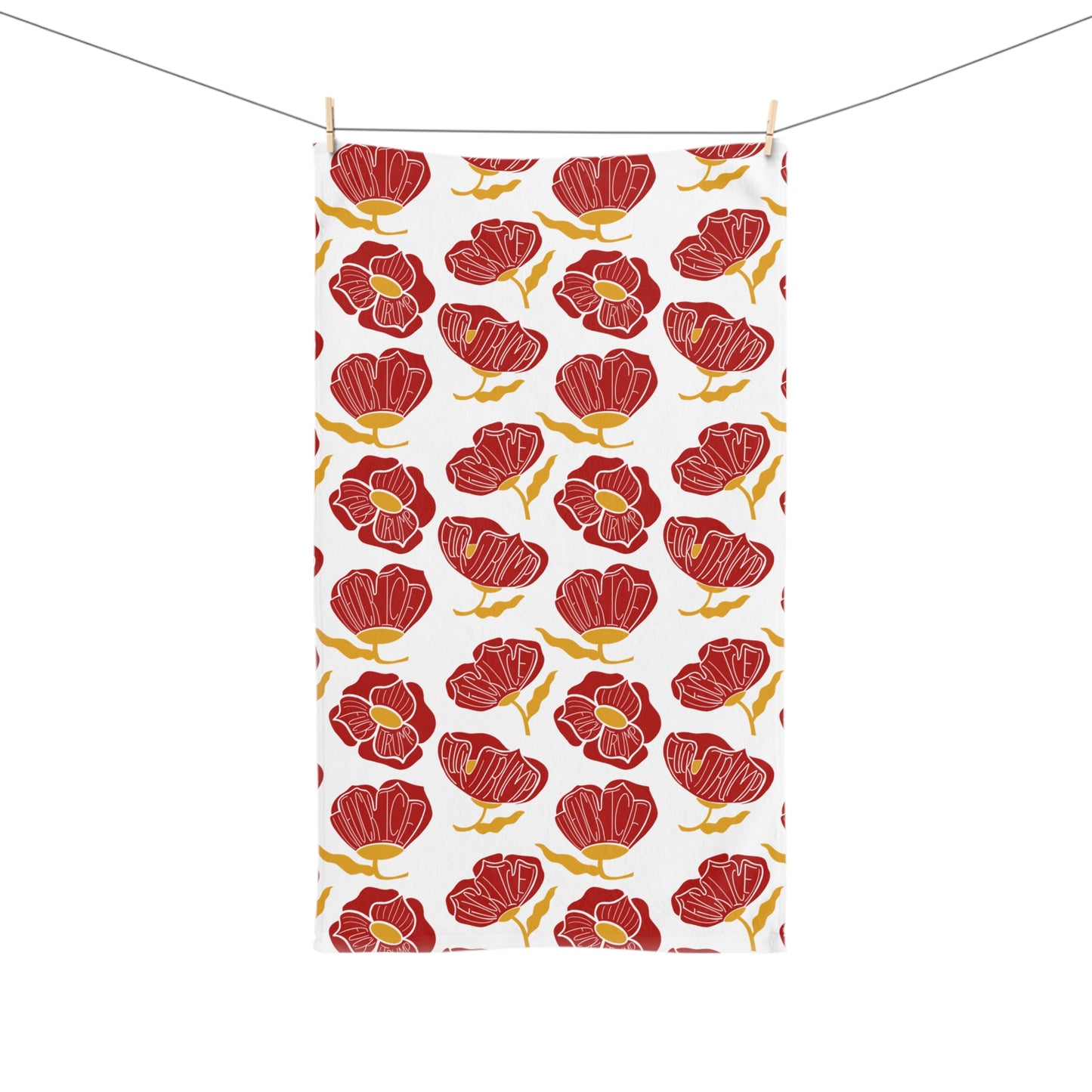 Slightly Subtle Red Poppy Floral Pattern Hand Towel | Botanical Kitchen or Bathroom Linen