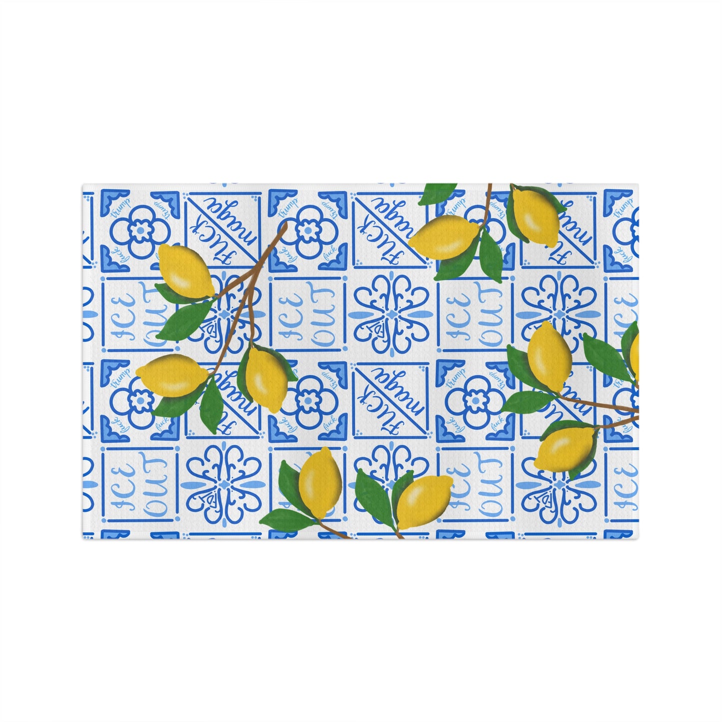 Slightly Subtle Amalfi Lemons on Blue Tile Microfiber Tea Towel | Mediterranean Lemon Kitchen Towel