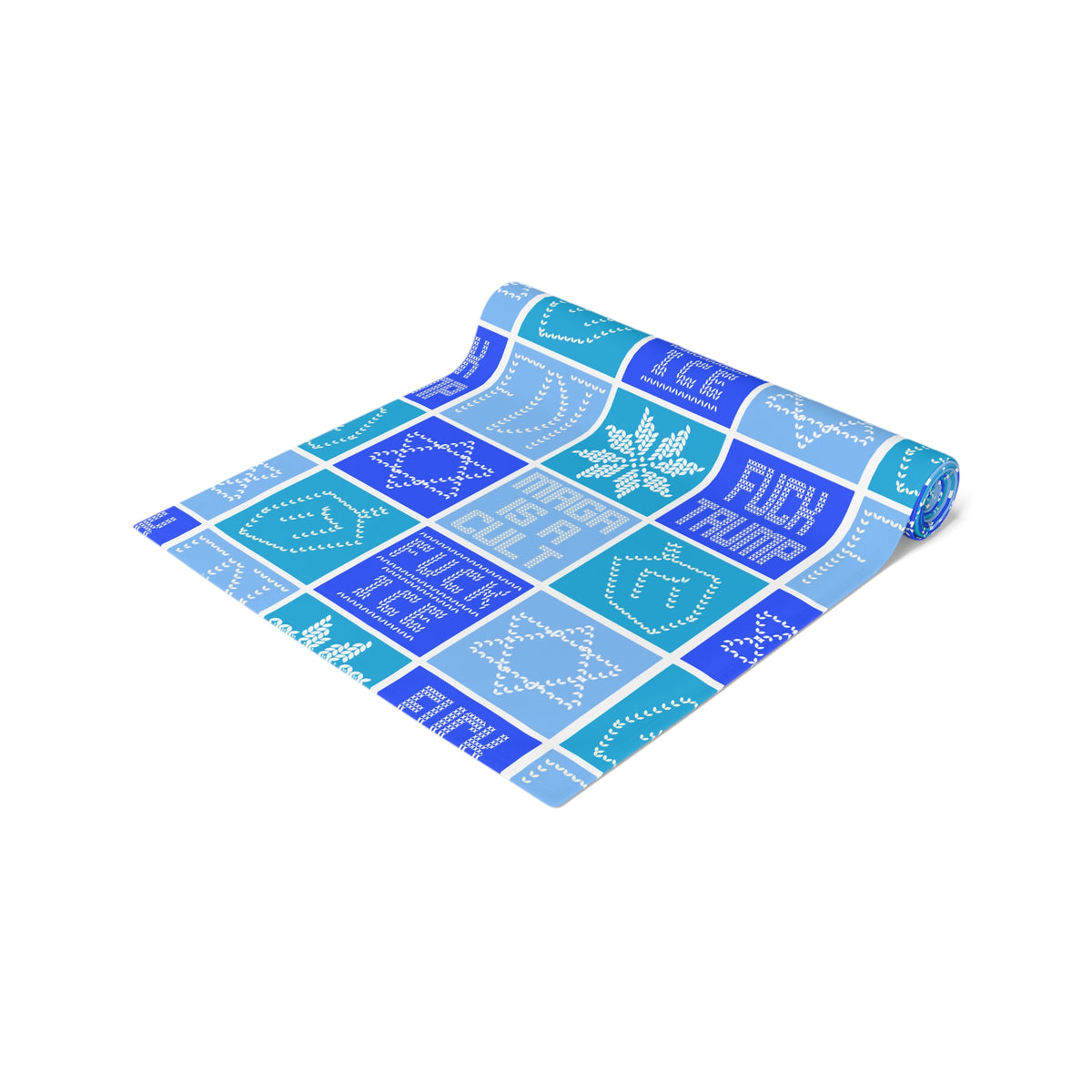 Hanukkah FDT Dreidel Patchwork Checkered Blue Winter Table Runner