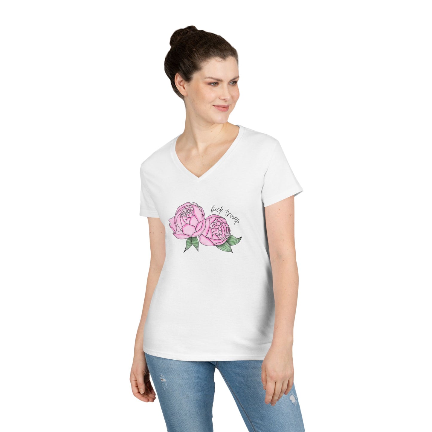 Pink Peony Illustration Ladies V-Neck Tee | Hand-Drawn Floral FDT