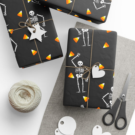 Slightly Subtle Halloween Wrapping Paper, Spooky Trump Gift Wrap for Fall, Skeleton and Candy Corn Design, Cute Holiday Party Supplies