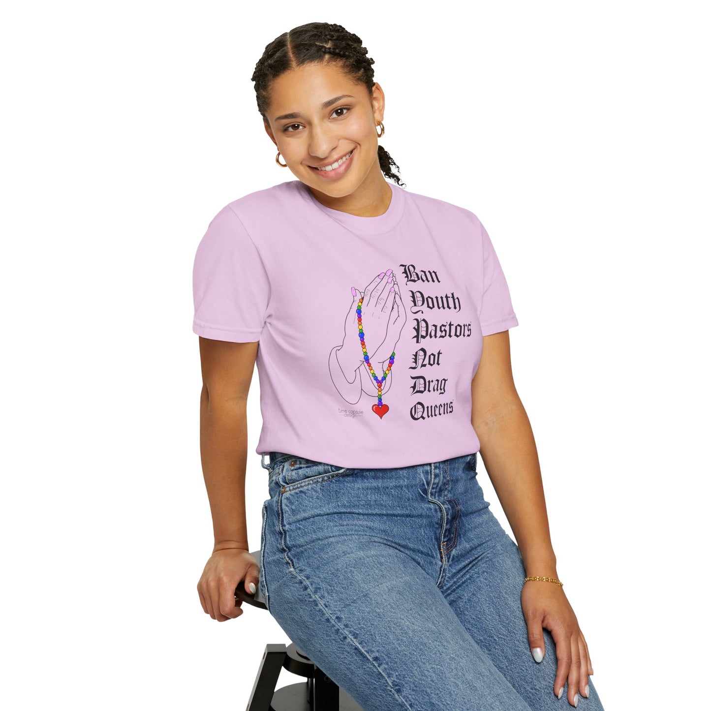 Ban South Pastors Not Drag Queens T-Shirt — Prayer Hands with Rainbow Rosary LGBTQ+ Ally Tee