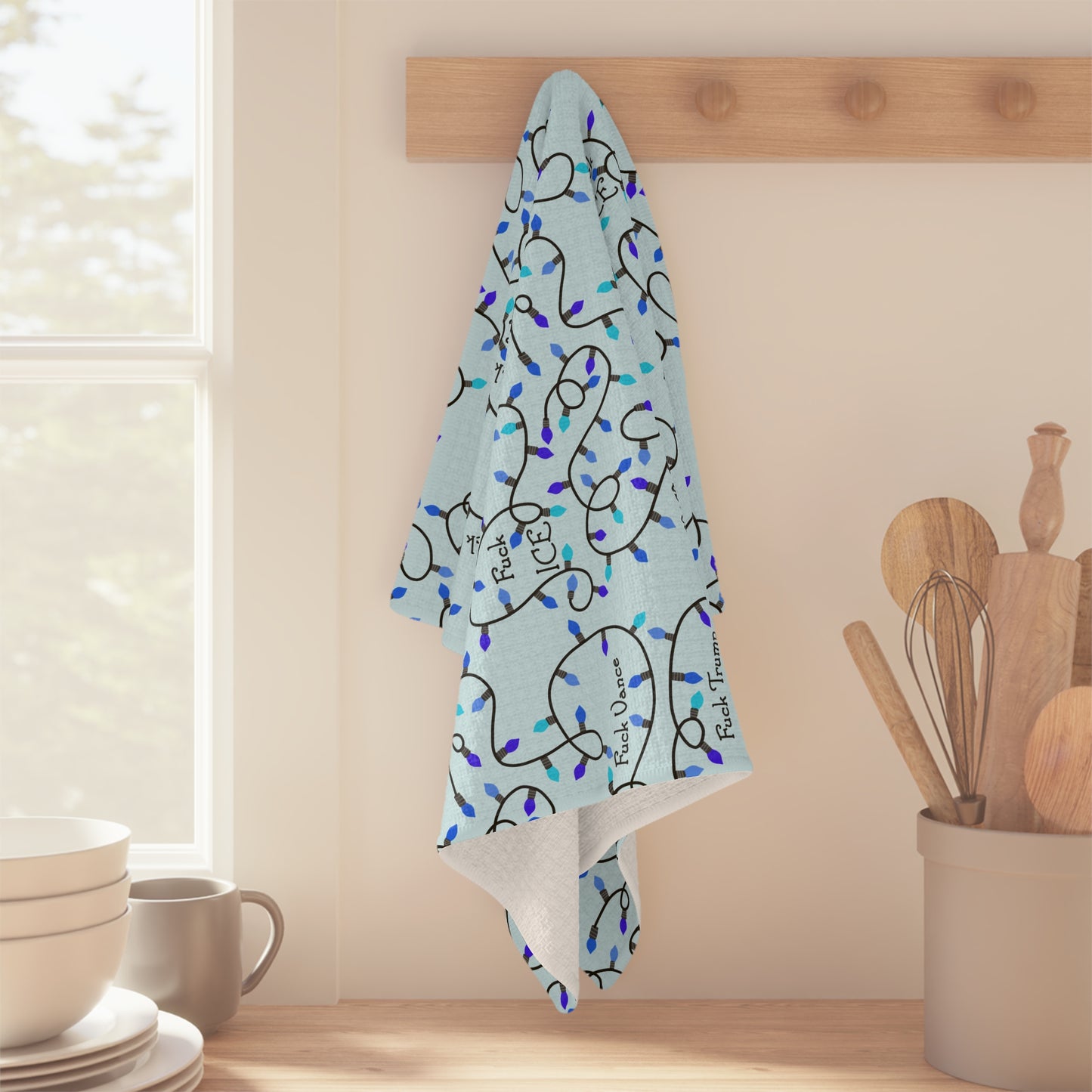 Blue Holiday Lights Microfiber Tea Towel FDT Blue String Light Kitchen Towel