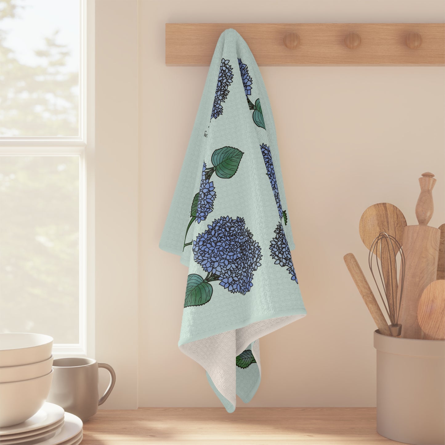 Hydrangea Blue Microfiber Tea Towel FDT Floral Kitchen Towel with "fresh snip" Script