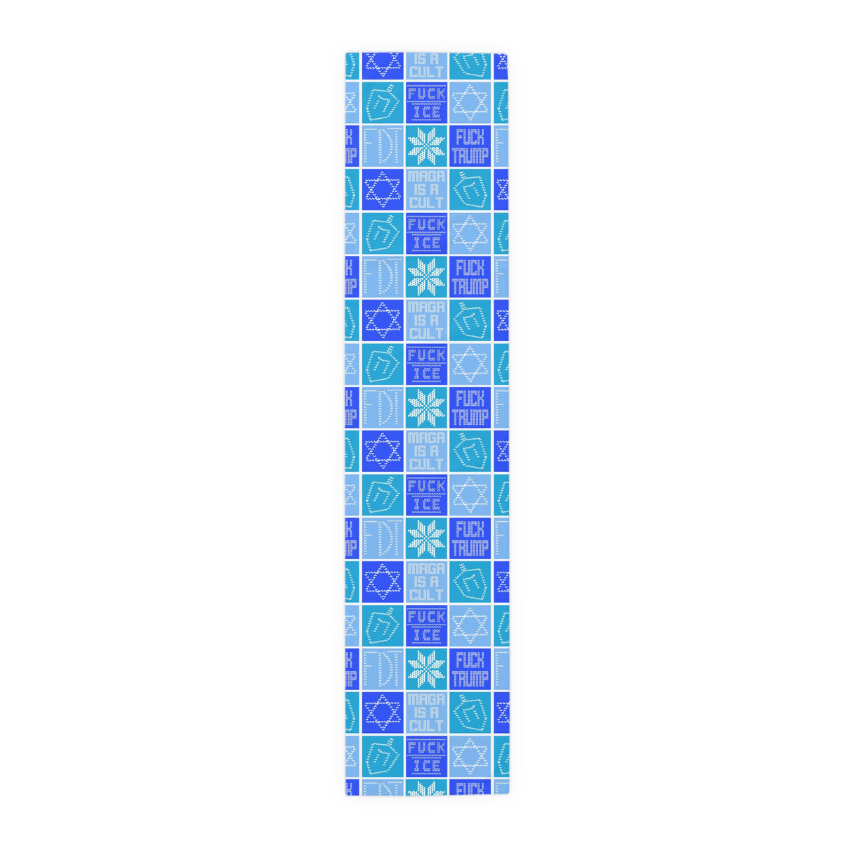 Hanukkah FDT Dreidel Patchwork Checkered Blue Winter Table Runner