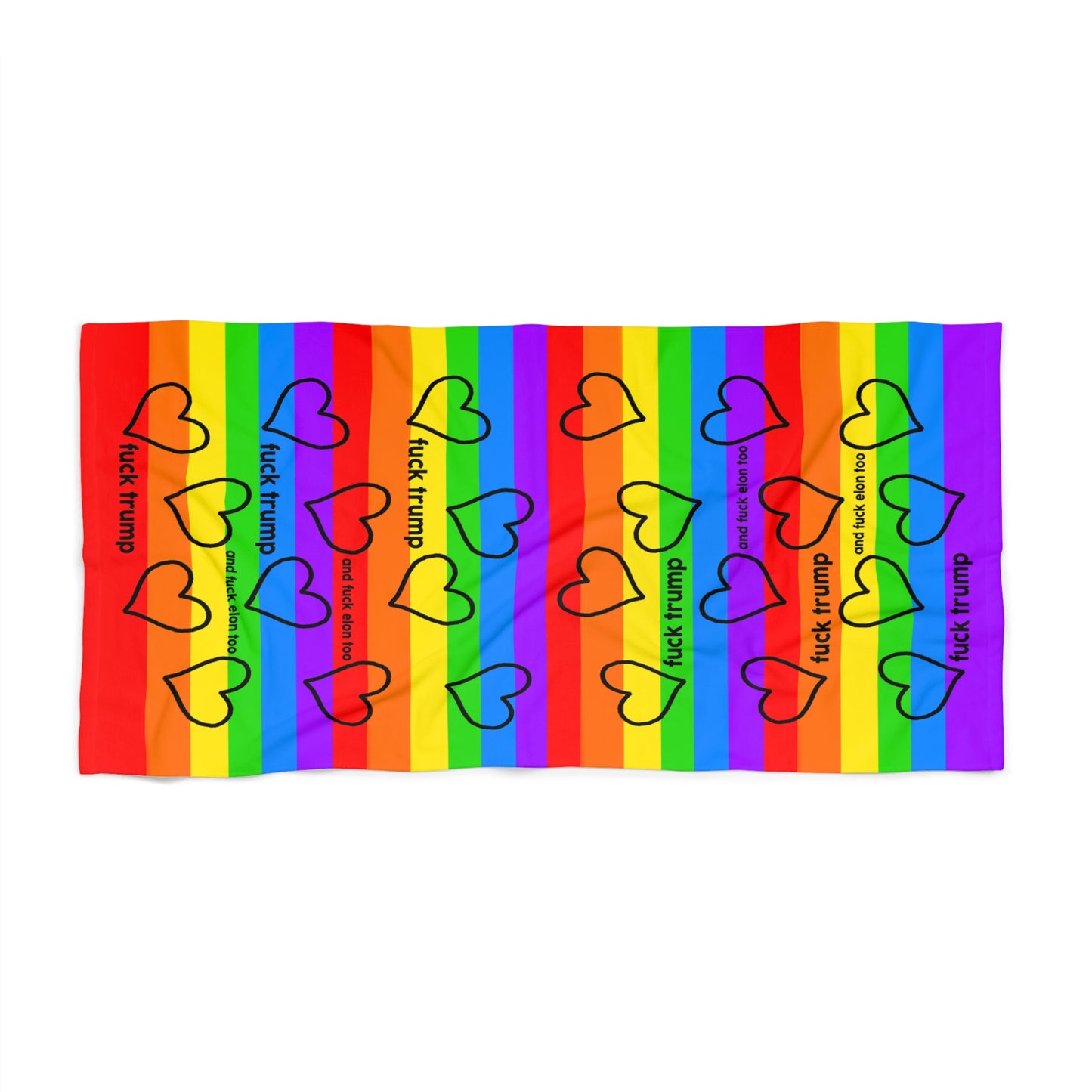 Slightly Subtle Pride Rainbow Beach Towel with Black Hearts, Fun and Bold LGBTQ+ Accessory, Summer Pool Towel, Beach Gift, Kick Trump Design