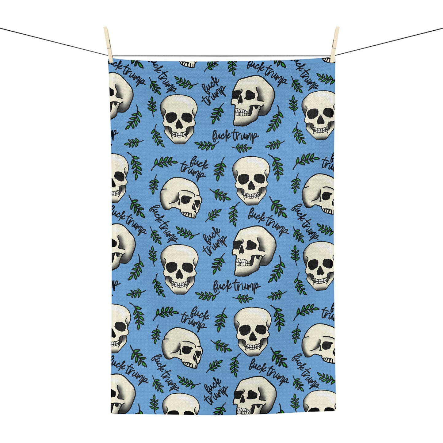 Slightly Subtle Skull Pattern with Leaves Blue microfiber tea towel | Halloween spooky kitchen decor