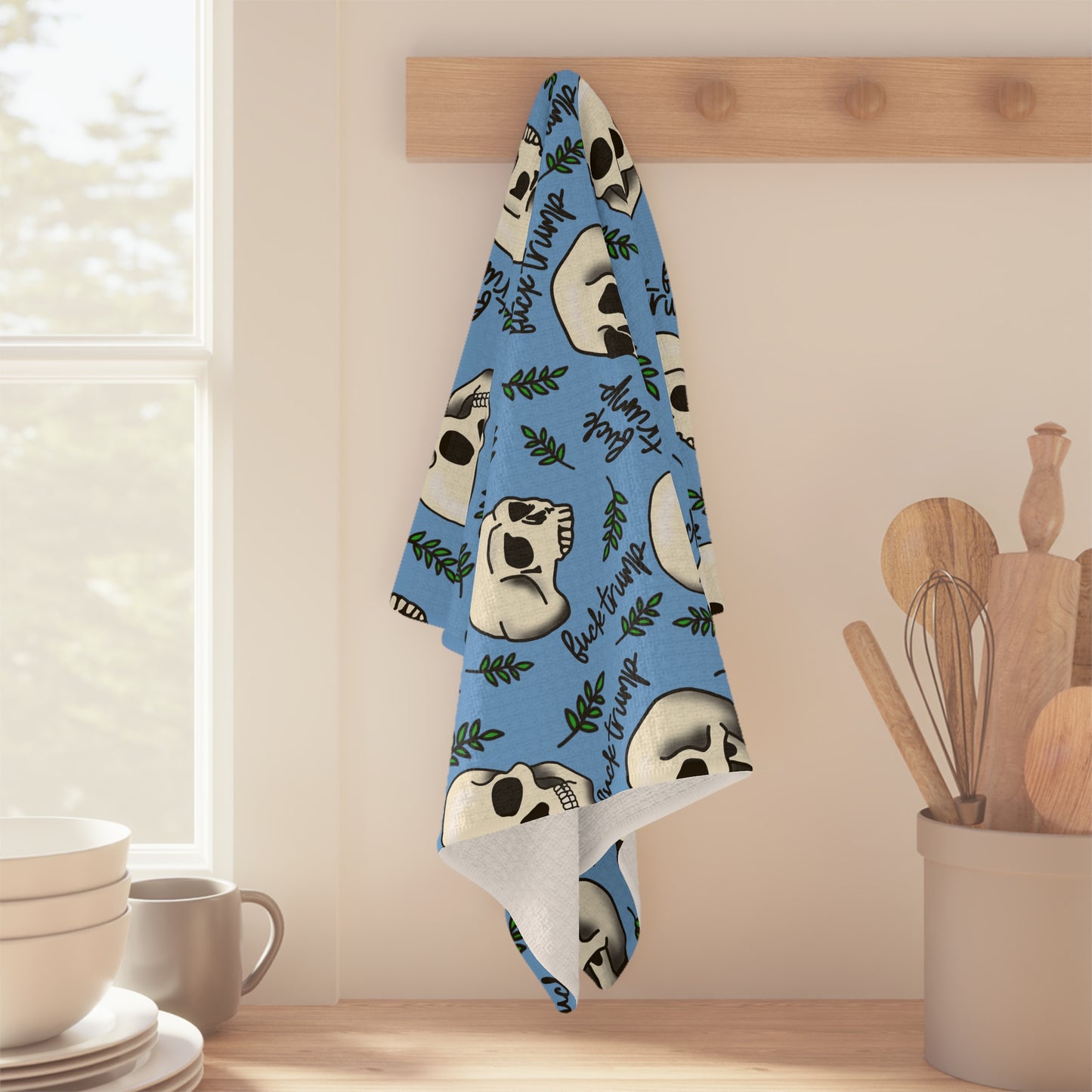 Slightly Subtle Skull Pattern with Leaves Blue microfiber tea towel | Halloween spooky kitchen decor