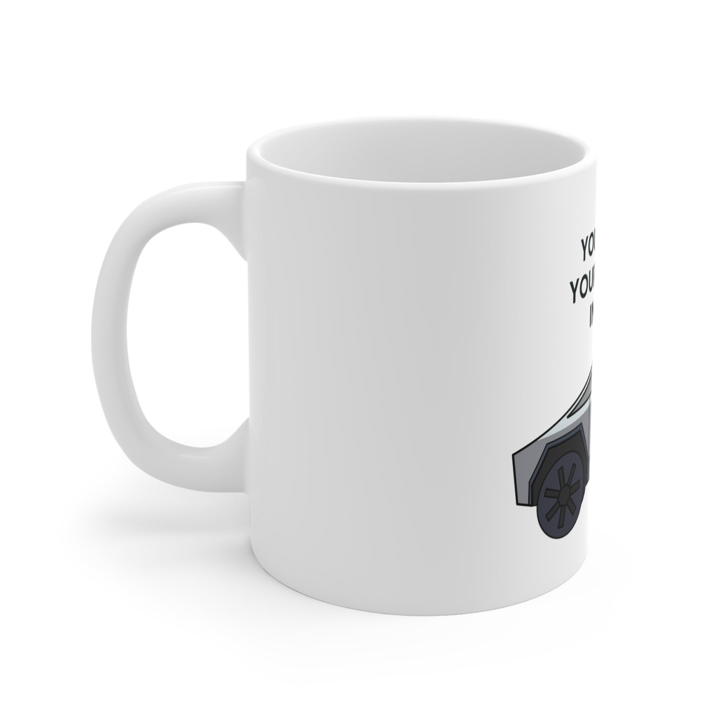 Elon Car Salesman Cybertruck Funny 11oz Mug, Humorous Coffee Cup, Gift for Auto Enthusiasts, Sarcastic Present for Friends, Unique Car Lover Merchandise