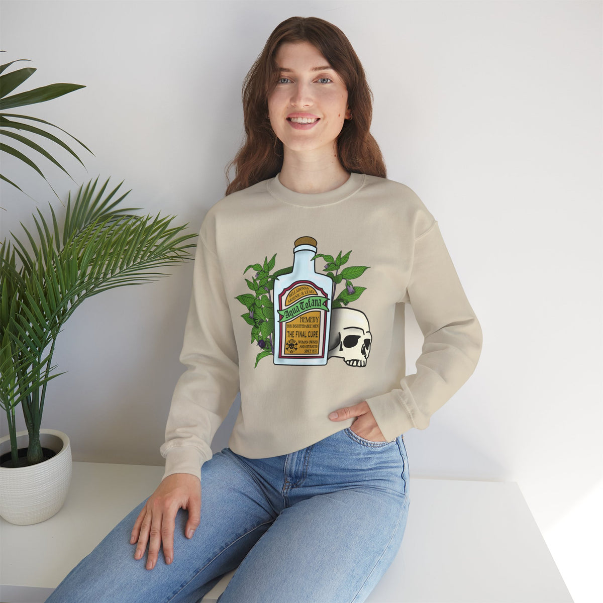 Crewneck Sweatshirt Aqua Tofana Apothecary Bottle & Skull Graphic