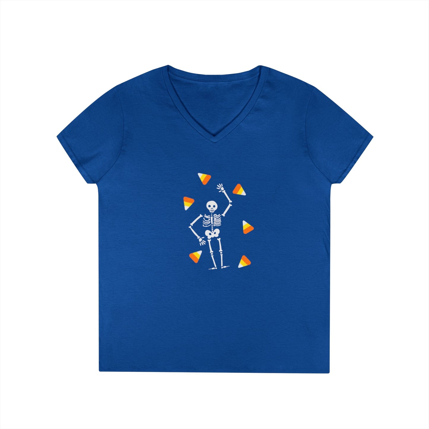 Skeleton & Candy Corn V-Neck Tee Cute Halloween T-Shirt