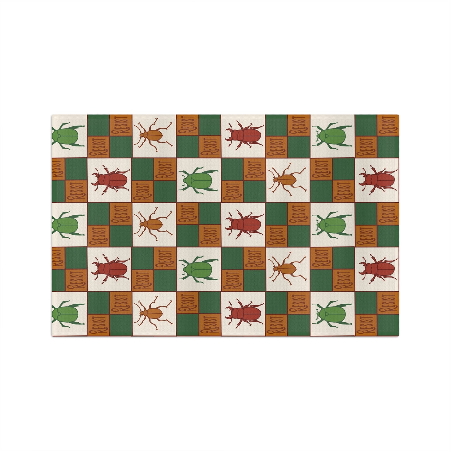 Resist Beetle Checker Microfiber Tea Towel — Retro Green & Rust Kitchen Decor
