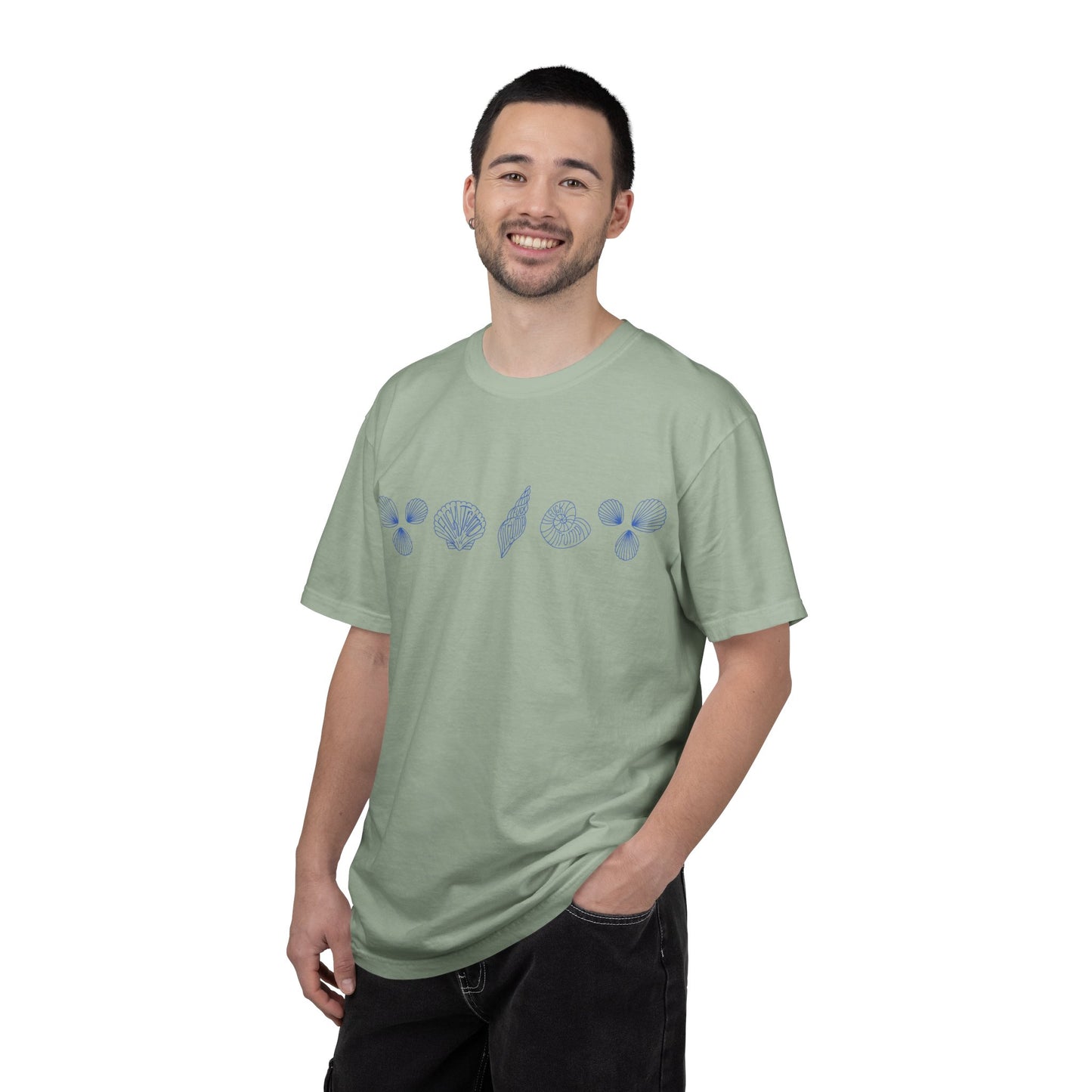 Slightly Subtle Blue Seashell Line Art T-Shirt | Minimal Coastal Doodle Prints FDT