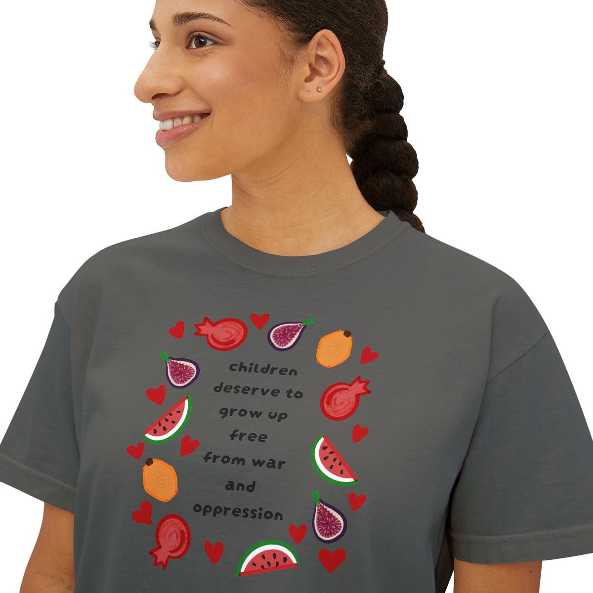 Women’s Boxy CROP Tee "Children Deserve to Grow Up Free From War and Oppression" Peaceful Fruit Graphic