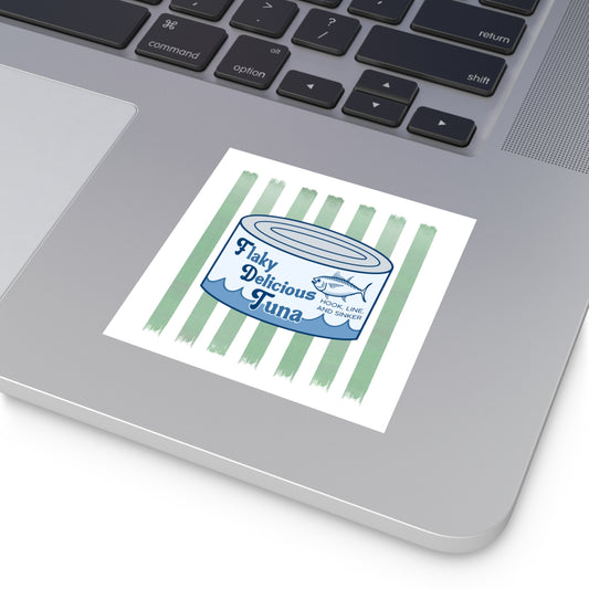 Flaky Delicious Tuna Sticker — Vintage Canned Fish Square Vinyl Decal