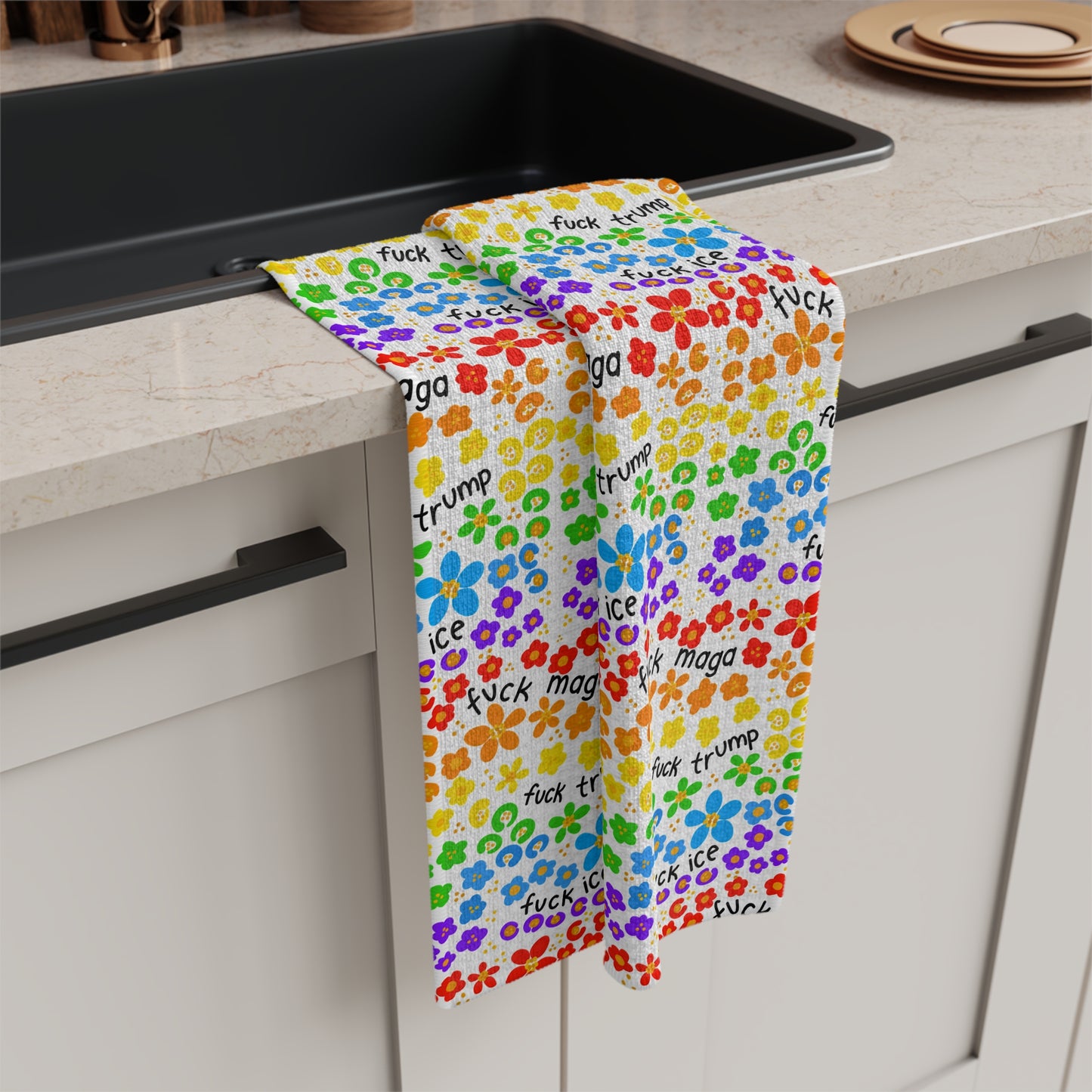 Slightly Subtle Rainbow Floral Print Pattern Pride Microfiber Tea Towel