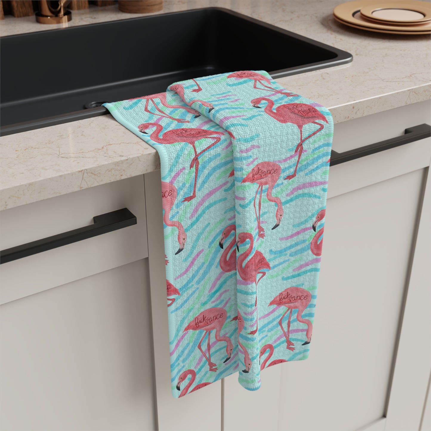 Flamingo Pattern Microfiber Tea Towel FDT Tropical Pink Flamingos on Aqua Waves