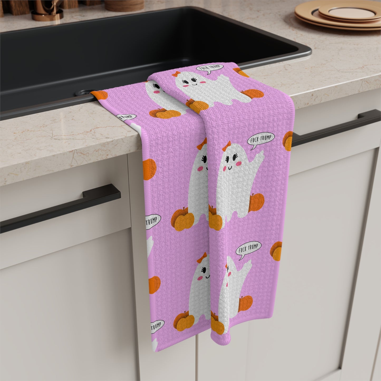 Cute Ghost & Pumpkin Microfiber Tea Towel fdt Halloween Kitchen Towel