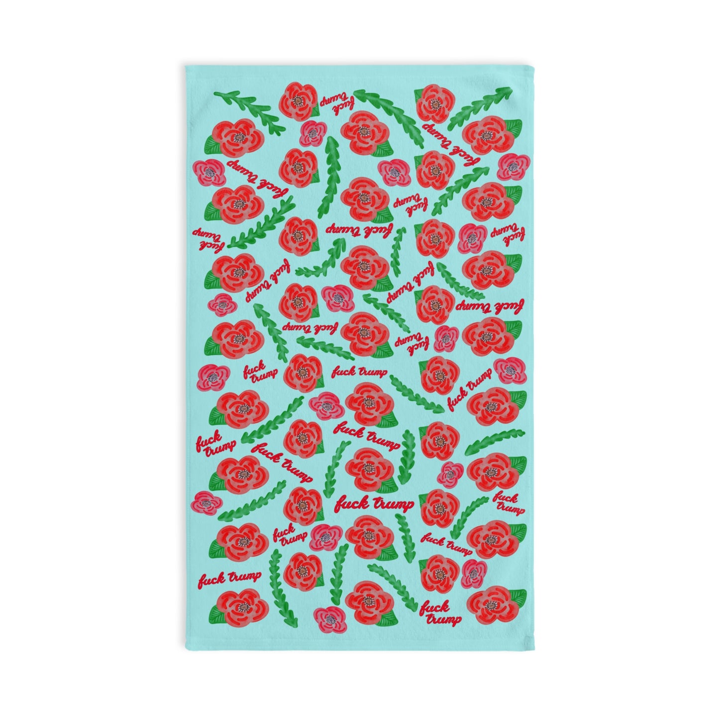 Slightly Subtle Red Poppies on Aqua Hand Towel