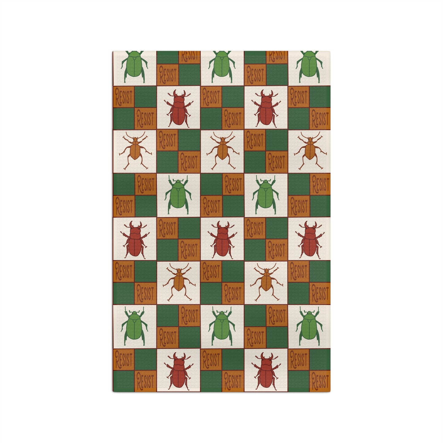 Resist Beetle Checker Microfiber Tea Towel — Retro Green & Rust Kitchen Decor
