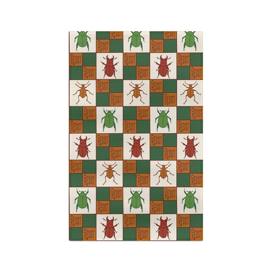 Resist Beetle Checker Microfiber Tea Towel — Retro Green & Rust Kitchen Decor