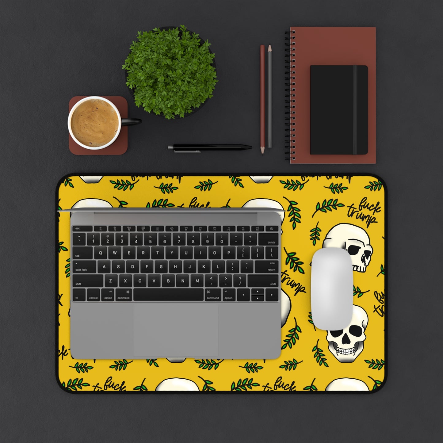 Slightly Subtle Skull Pattern Desk Mat | Skulls on Mustard Background Pet Mat