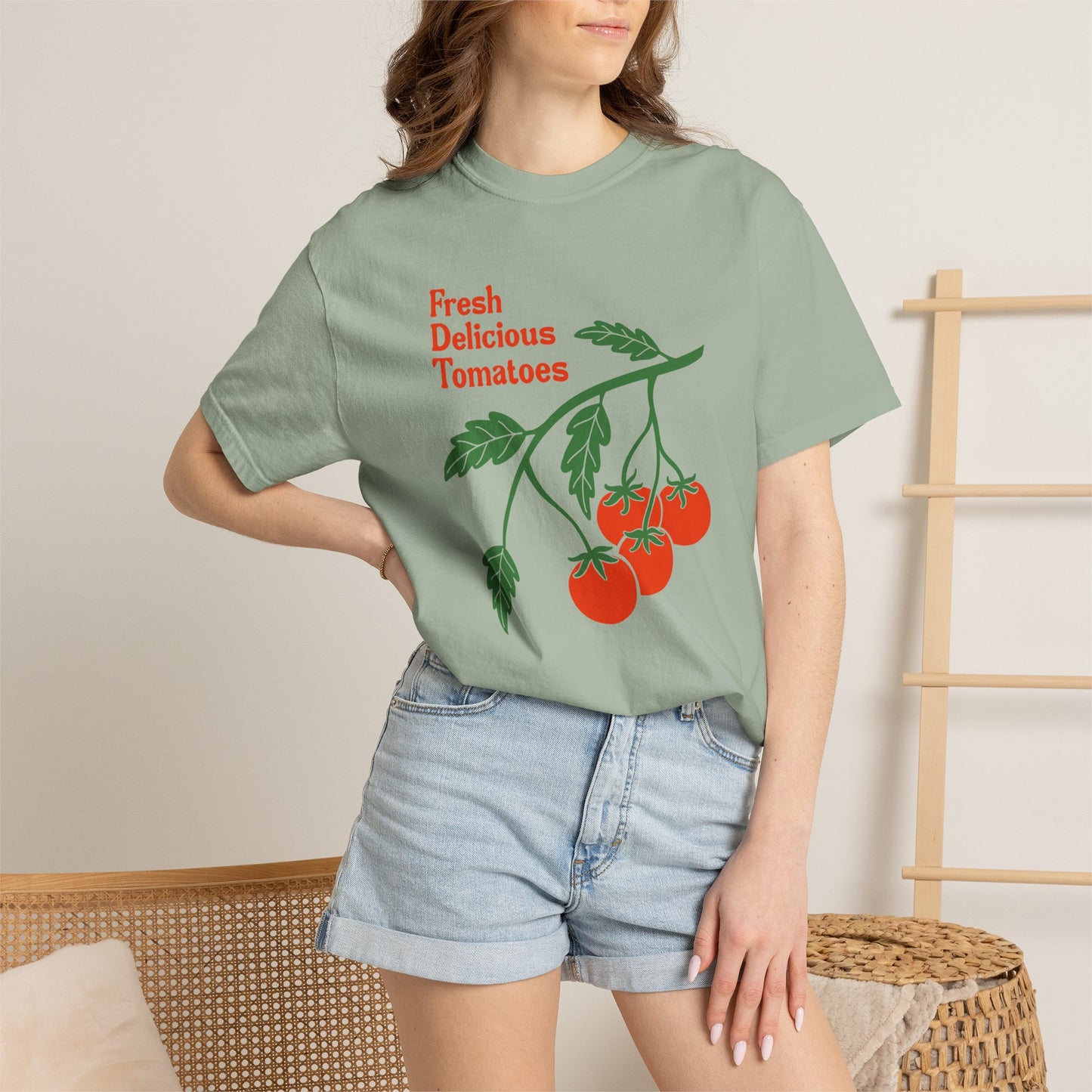Fresh Delicious Tomatoes T-Shirt | Tomato Vine Illustration, Red Green Produce Tee FDT