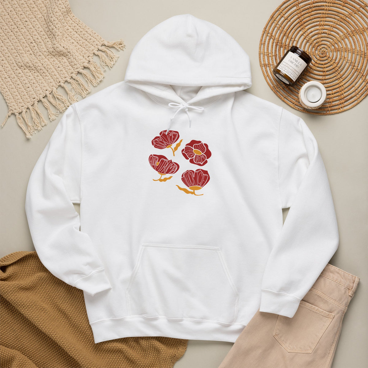 Slightly Subtle Red Poppy Flowers Hoodie | Floral Illustration, Minimal Line Art FDT