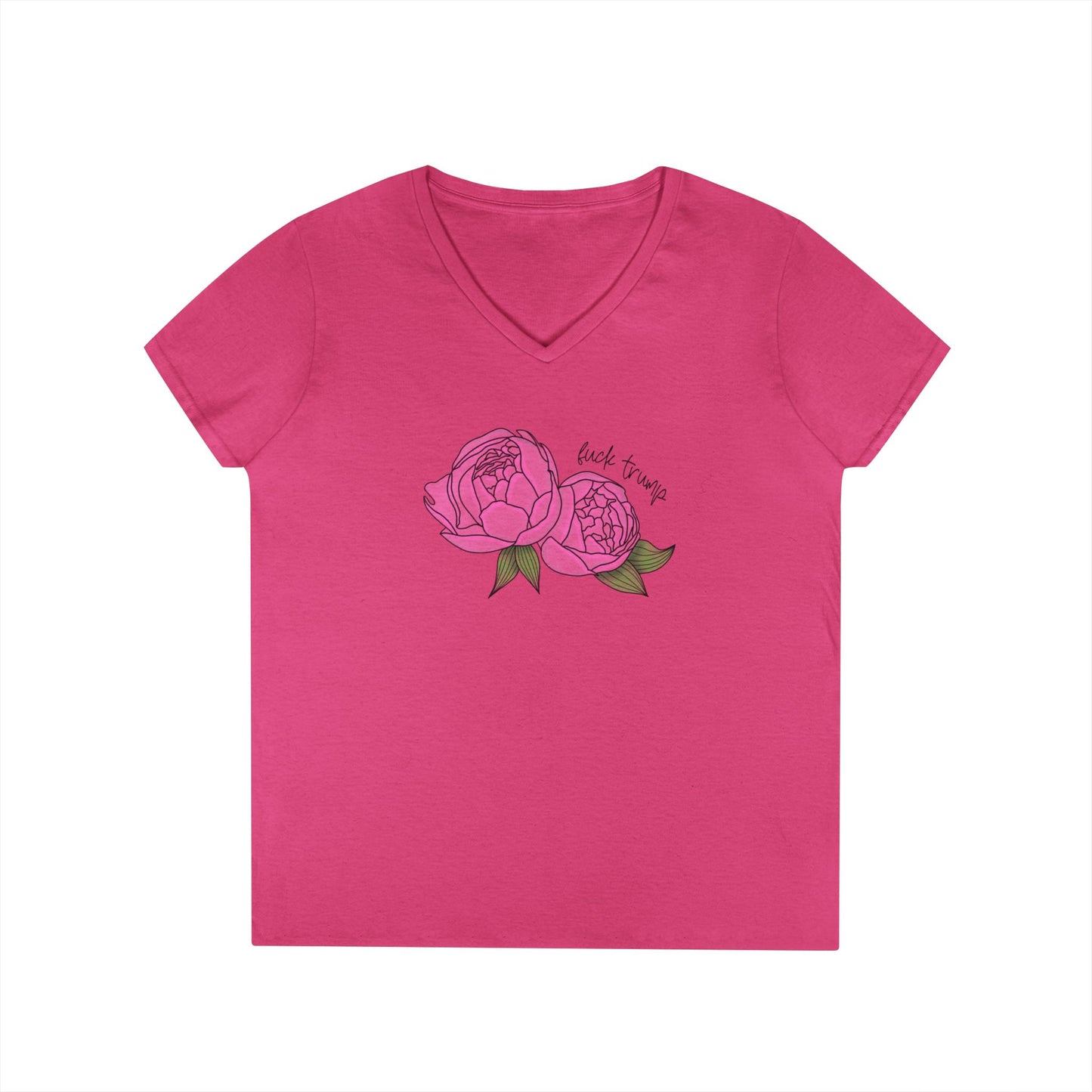 Pink Peony Illustration Ladies V-Neck Tee | Hand-Drawn Floral FDT