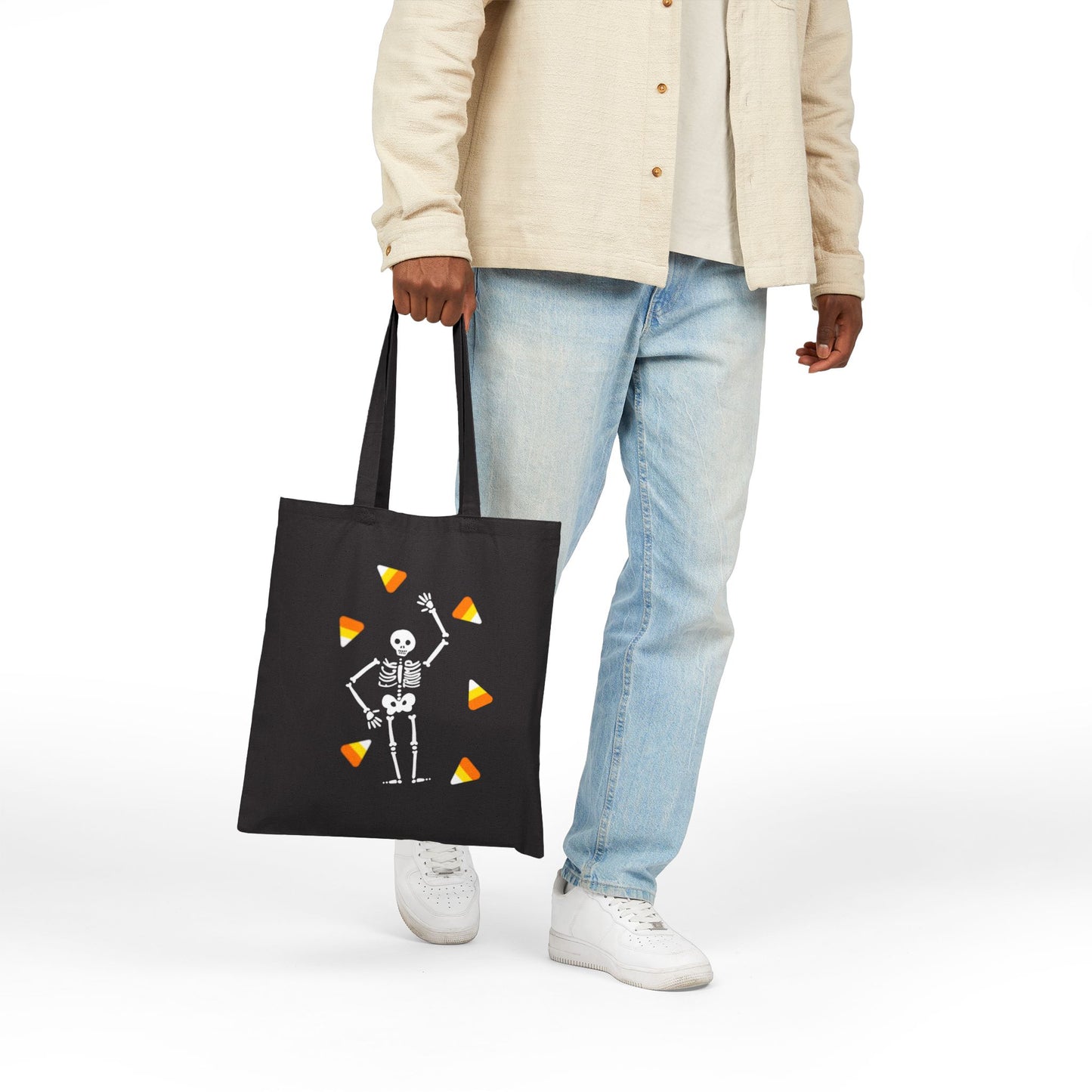 Halloween Candy Corn Skeleton Tote Bag Cute Spooky Canvas Trick or Treat