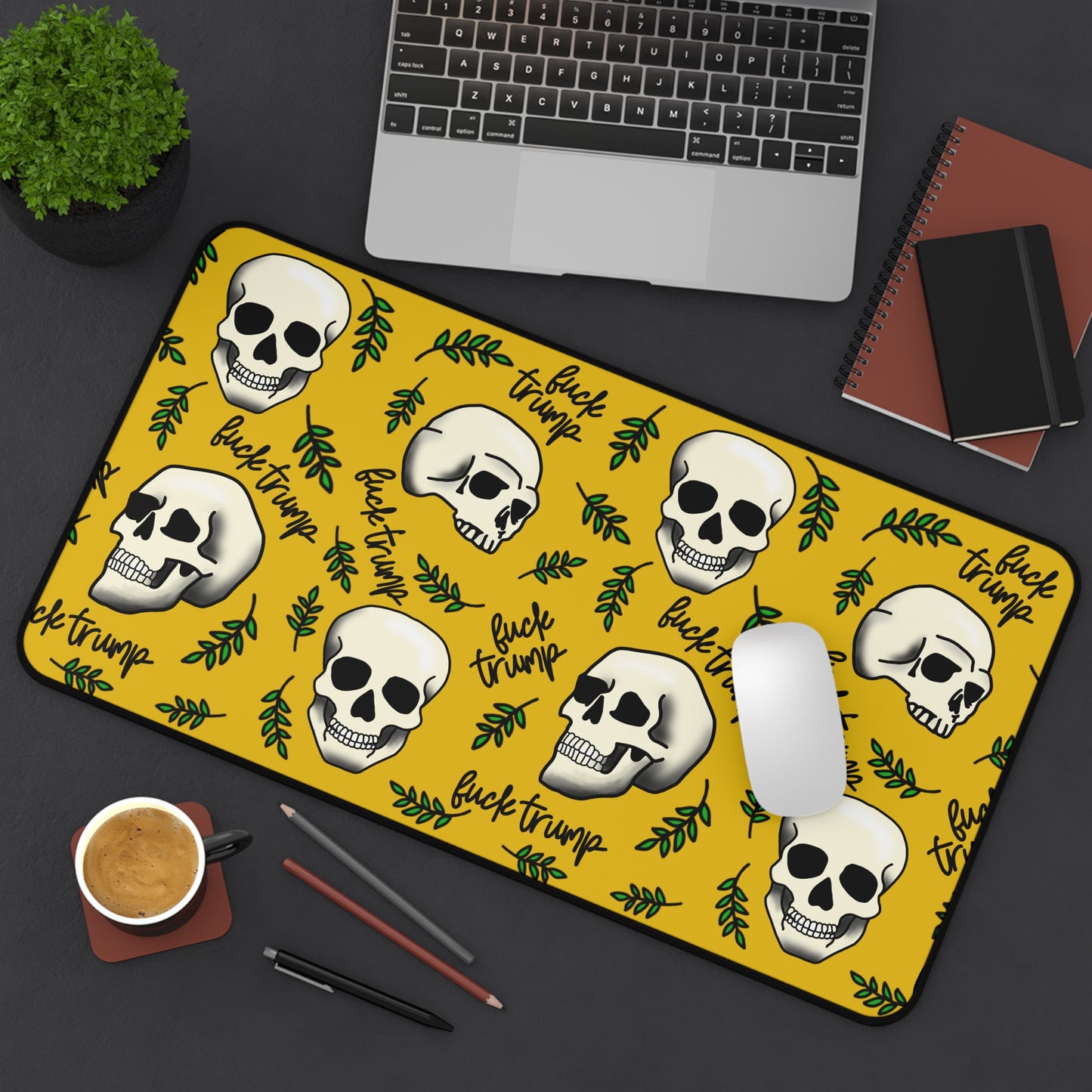 Slightly Subtle Skull Pattern Desk Mat | Skulls on Mustard Background Pet Mat