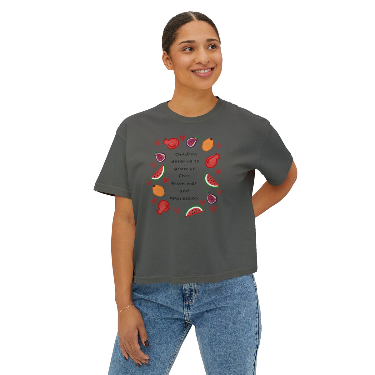 Women’s Boxy CROP Tee "Children Deserve to Grow Up Free From War and Oppression" Peaceful Fruit Graphic