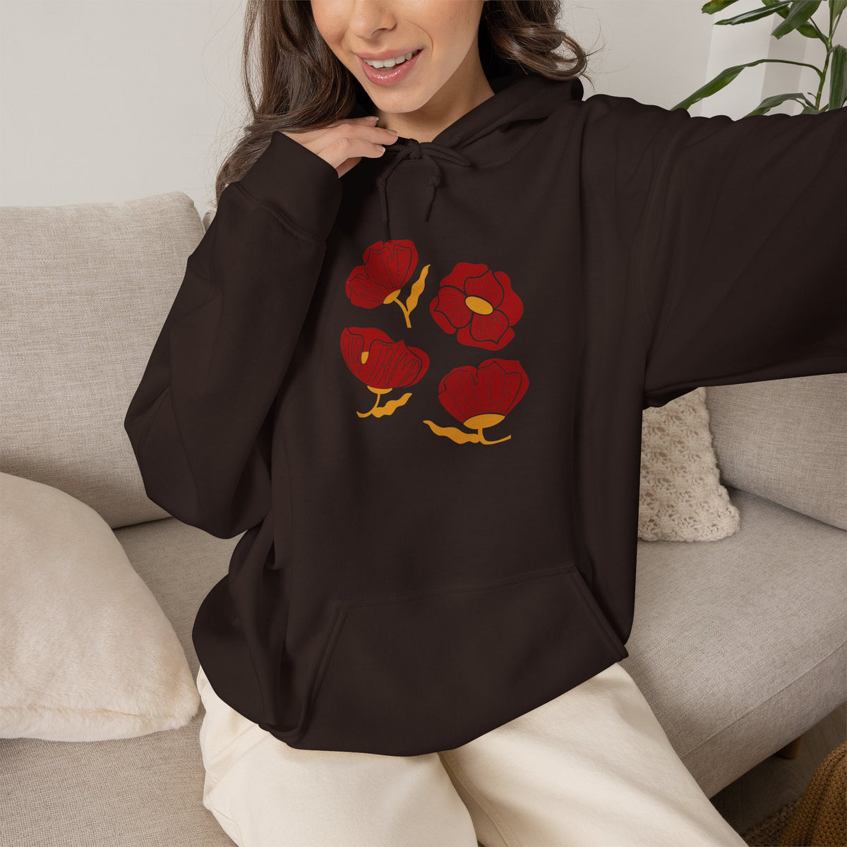 Slightly Subtle Red Poppy Flowers Hoodie | Floral Illustration, Minimal Line Art FDT