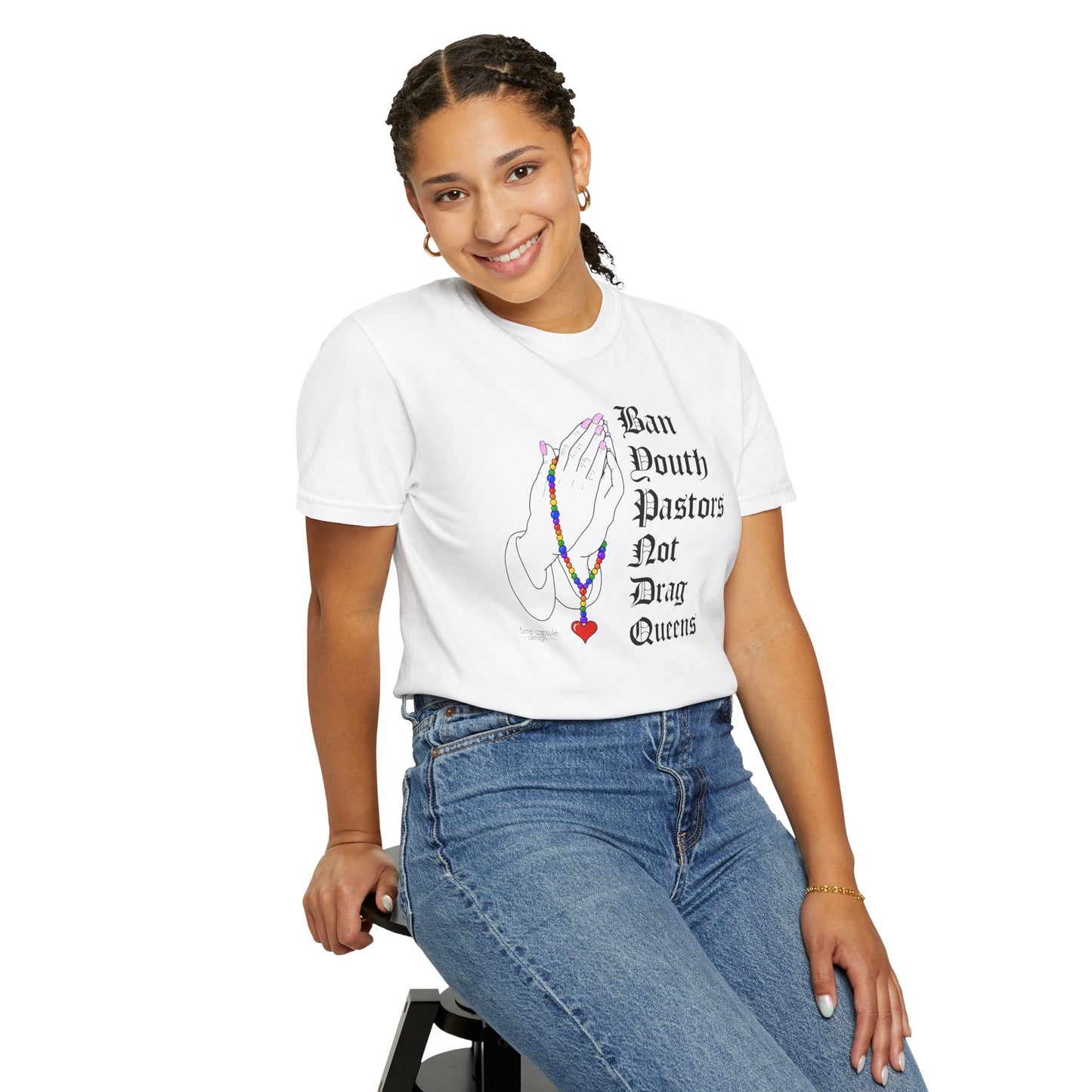 Ban South Pastors Not Drag Queens T-Shirt — Prayer Hands with Rainbow Rosary LGBTQ+ Ally Tee