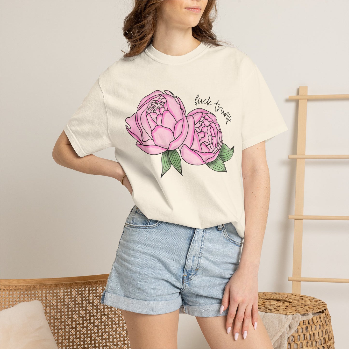 Slightly Subtle Pink Peony Floral Illustration T-shirt | Hand-drawn Blooms FDT