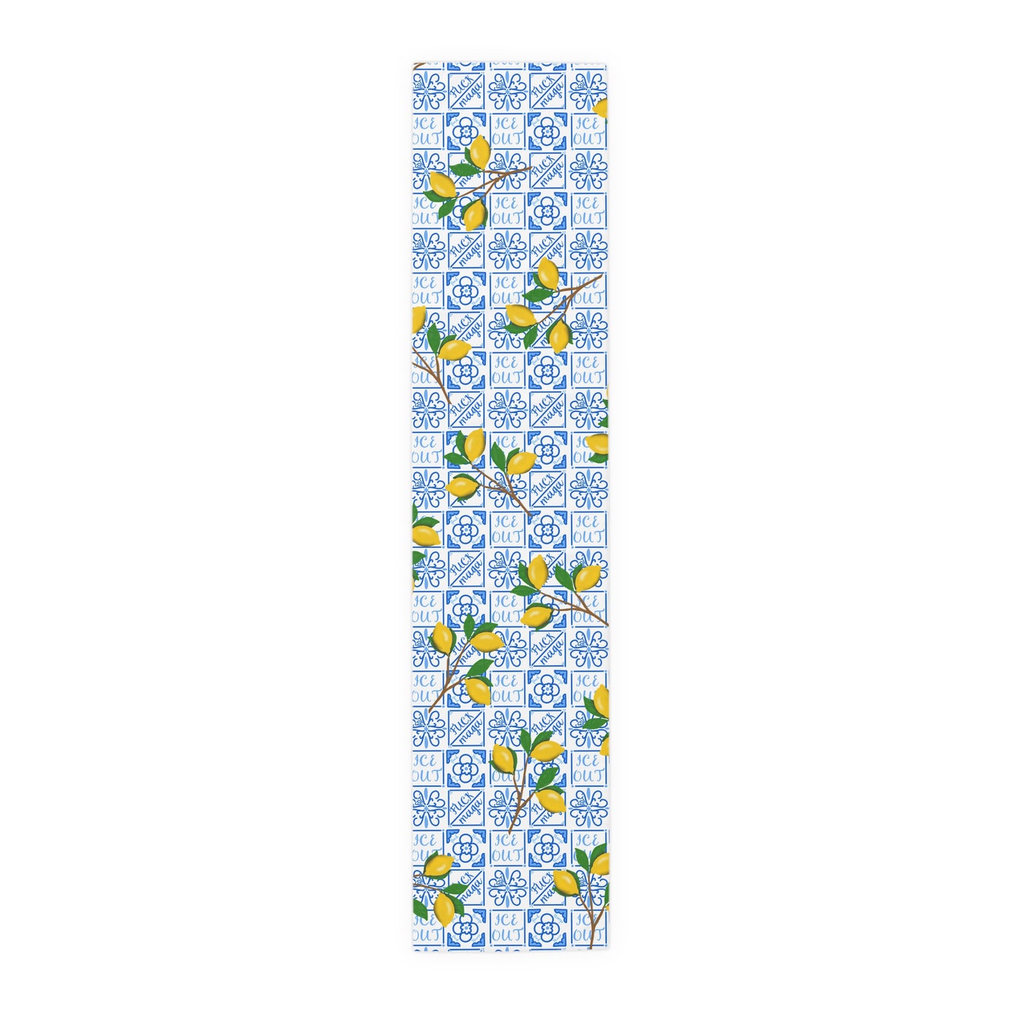Amalfi Lemon and Blue Tile Pattern Table Runner | Mediterranean Ceramic Blue Motif, Cotton-Poly Blend